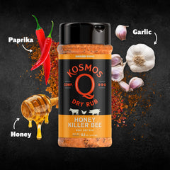 Kosmos Q rub texture close-up revealing honey-speckled spice blend benefit