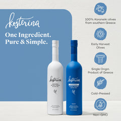 Kosterina Everyday EVOO pouring into pan showing heat-stable cooking benefit
