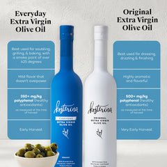Kosterina Original EVOO close-up pour highlighting bold flavor and peppery finish