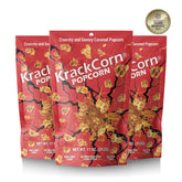 KrackCorn front packaging showing caramel popcorn and brand benefit