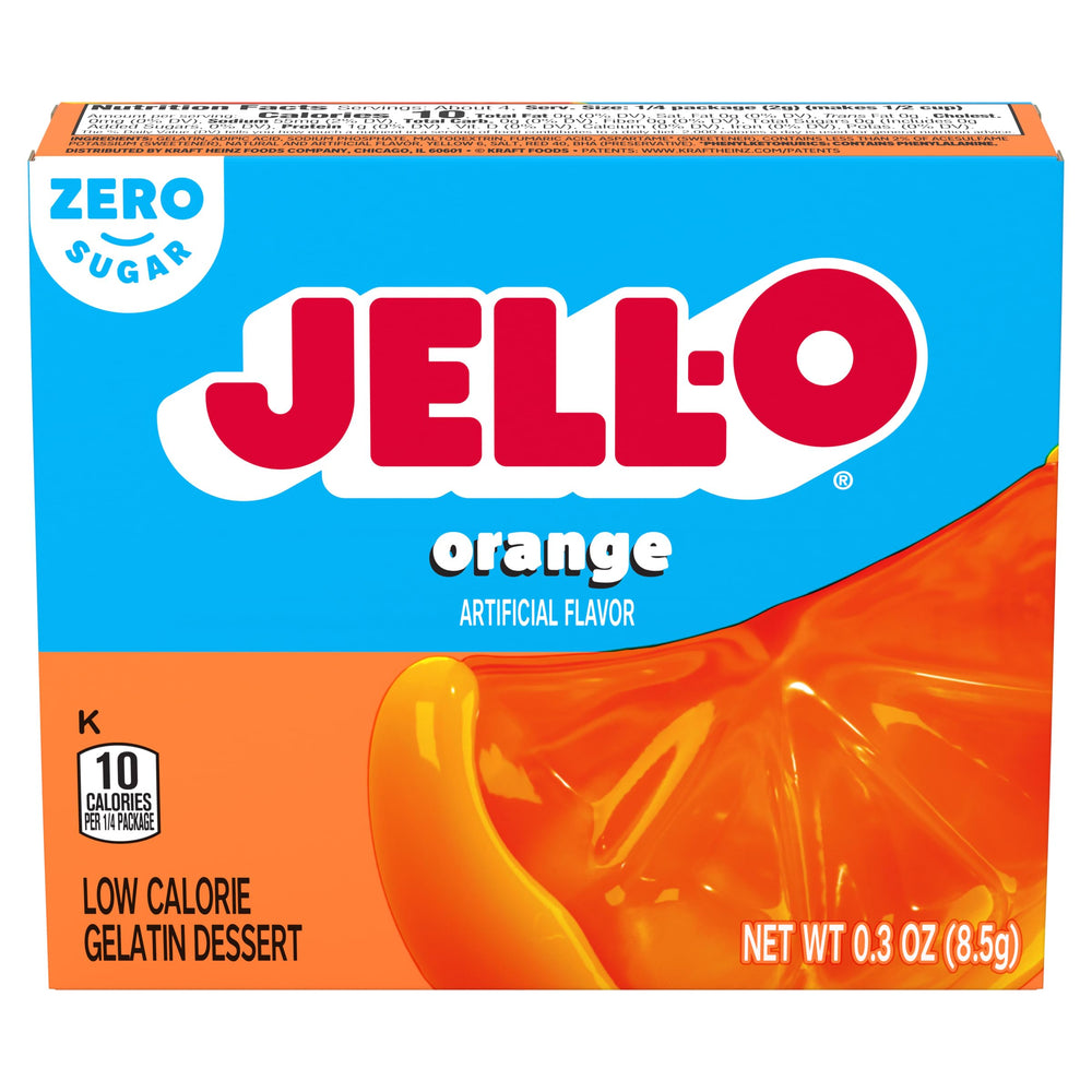 Kraft Jell-O front packaging showing orange flavor and four-serving benefit