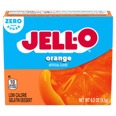 Kraft Jell-O front packaging showing orange flavor and four-serving benefit