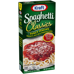Kraft open box revealing spaghetti, spice packet and parmesan for easy cooking