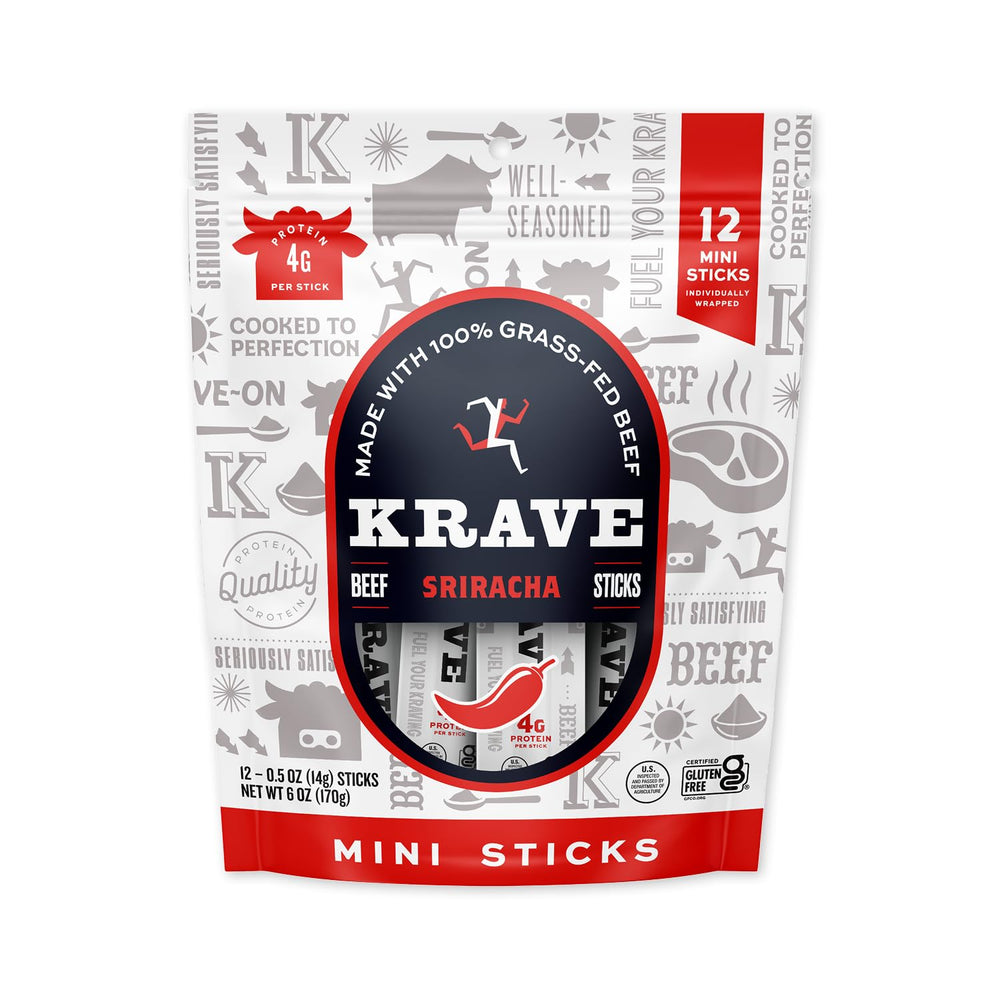 KRAVE Sriracha front packaging showing 100% grass-fed benefit