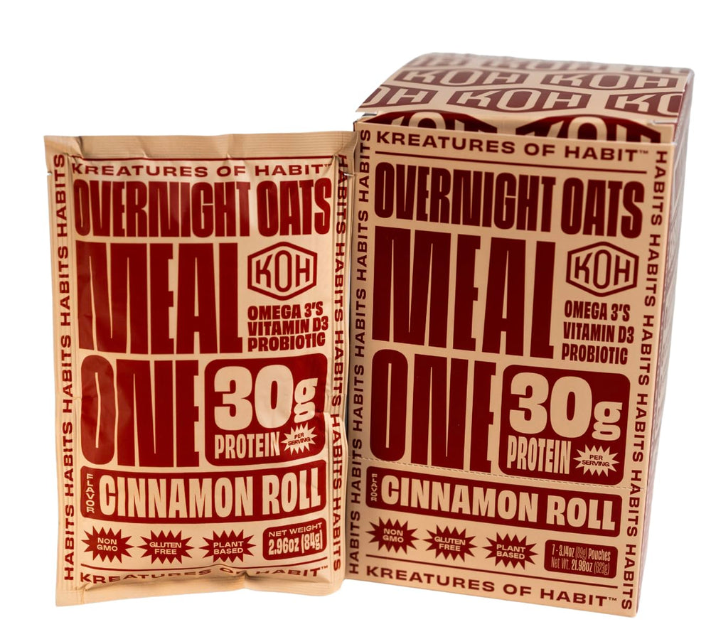 Kreatures of Habit front packaging showing cinnamon roll flavor and benefits