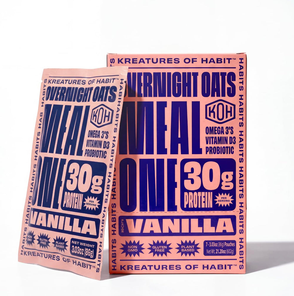 Kreatures of Habit front packaging showing vanilla 7-pack and convenient meal benefits