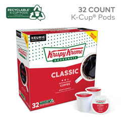 Close-up of a Krispy Kreme K-Cup pod highlighting pod seal and freshness