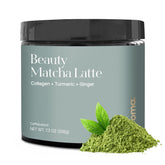 KROMA jar front view showing matcha latte packaging and daily beauty benefits