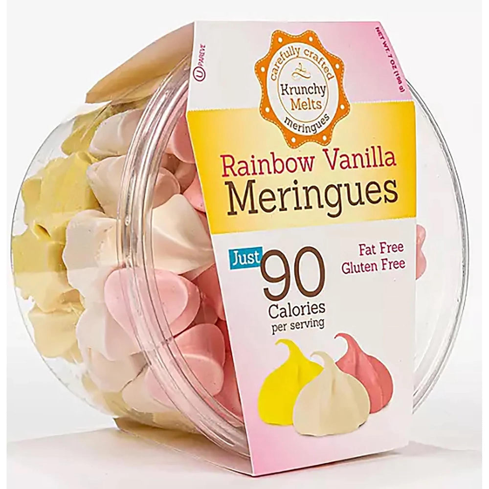 Krunchy Melts front packaging showing rainbow vanilla meringues and benefits