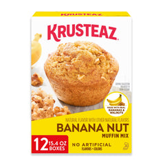 Krusteaz box front showing banana nut muffin mix and serving suggestion benefit: easy baking