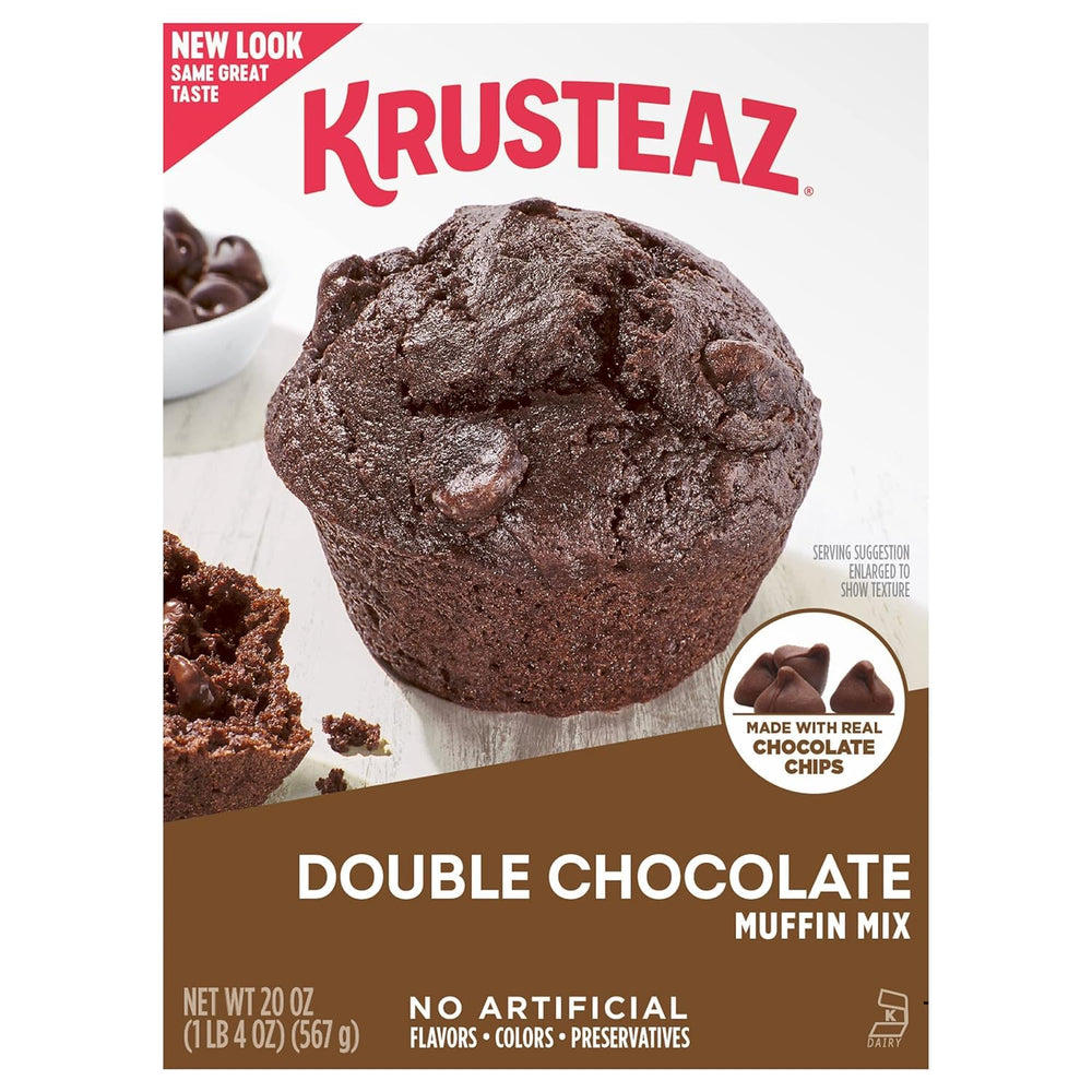 Krusteaz box front view showing branding and chocolate indulgence benefit