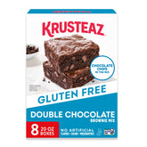 Krusteaz front packaging shows gluten free double chocolate mix, convenient pantry staple