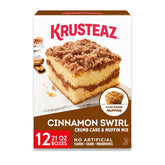 Krusteaz front packaging shows box of cinnamon swirl crumb cake mix and easy baking benefit