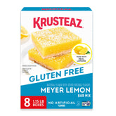 Krusteaz front packaging showing gluten free Meyer lemon bar mix benefits