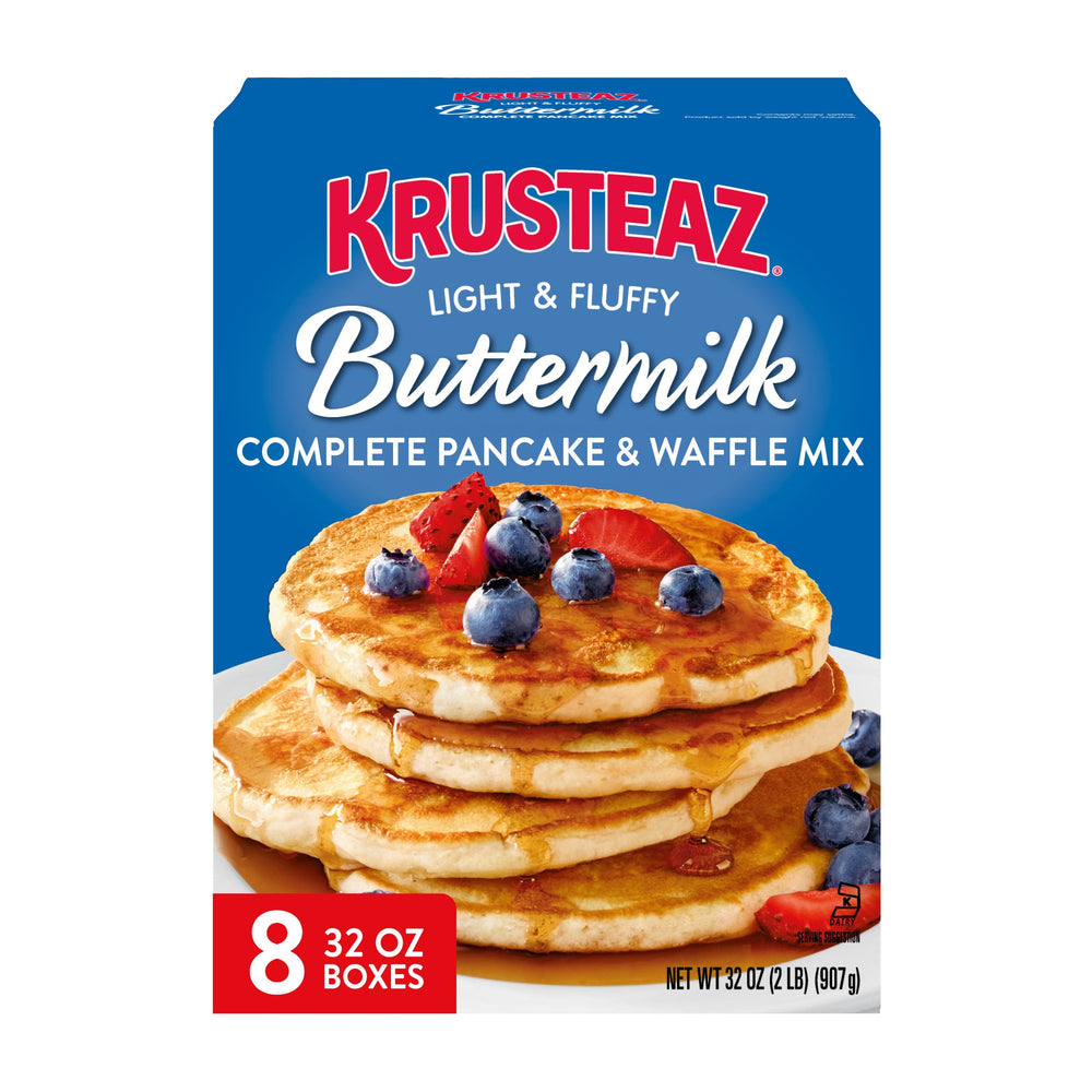 Krusteaz front packaging showing brand and buttermilk mix for easy breakfasts