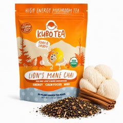 Kubo Lion's Mane chai front packaging showing organic 20-count box and clear benefit