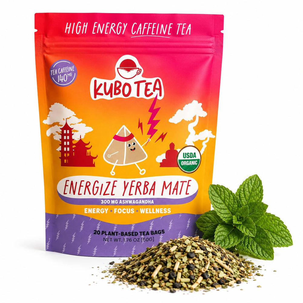 Kubo Tea front packaging showing 20-count box and organic claims for clean energy