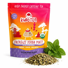 Kubo Tea front packaging showing 20-count box and organic claims for clean energy