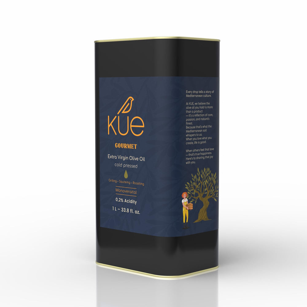 Kue Olive Oil front tin packaging showcasing brand and fresh Mediterranean appeal