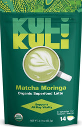 Kuli Kuli front packaging showing matcha moringa latte benefits