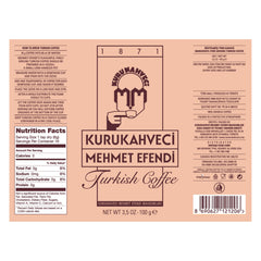 Kurukahveci Mehmet Efendi label close-up highlighting brand and roast details