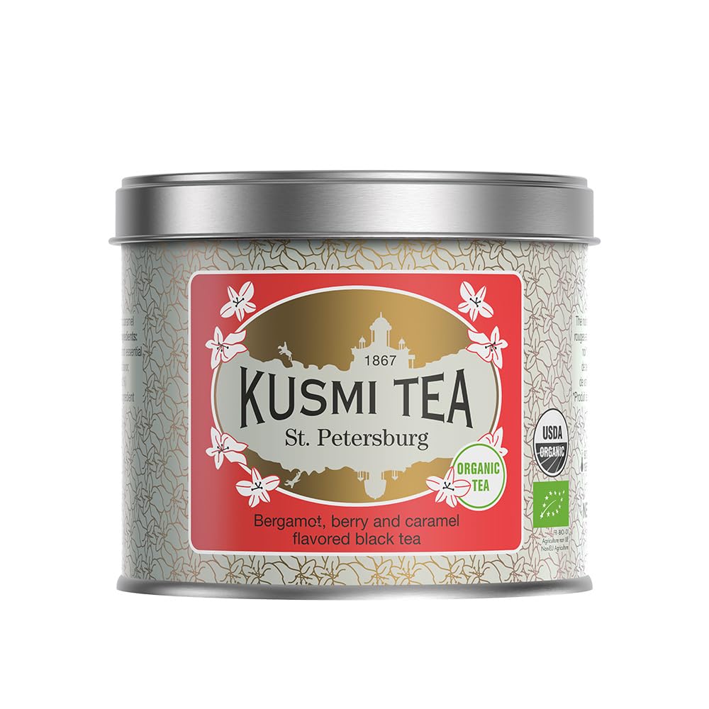 Kusmi Tea St. Petersburg front tin showing branding and organic label, preserves aroma