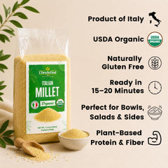 L'Oro Del Sud cooked millet in a bowl showcasing fluffy texture and ready-to-eat benefit