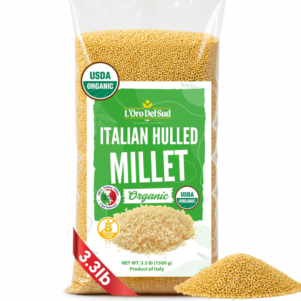 L'Oro Del Sud front packaging showing organic 1.5 kg bag and clear branding benefits