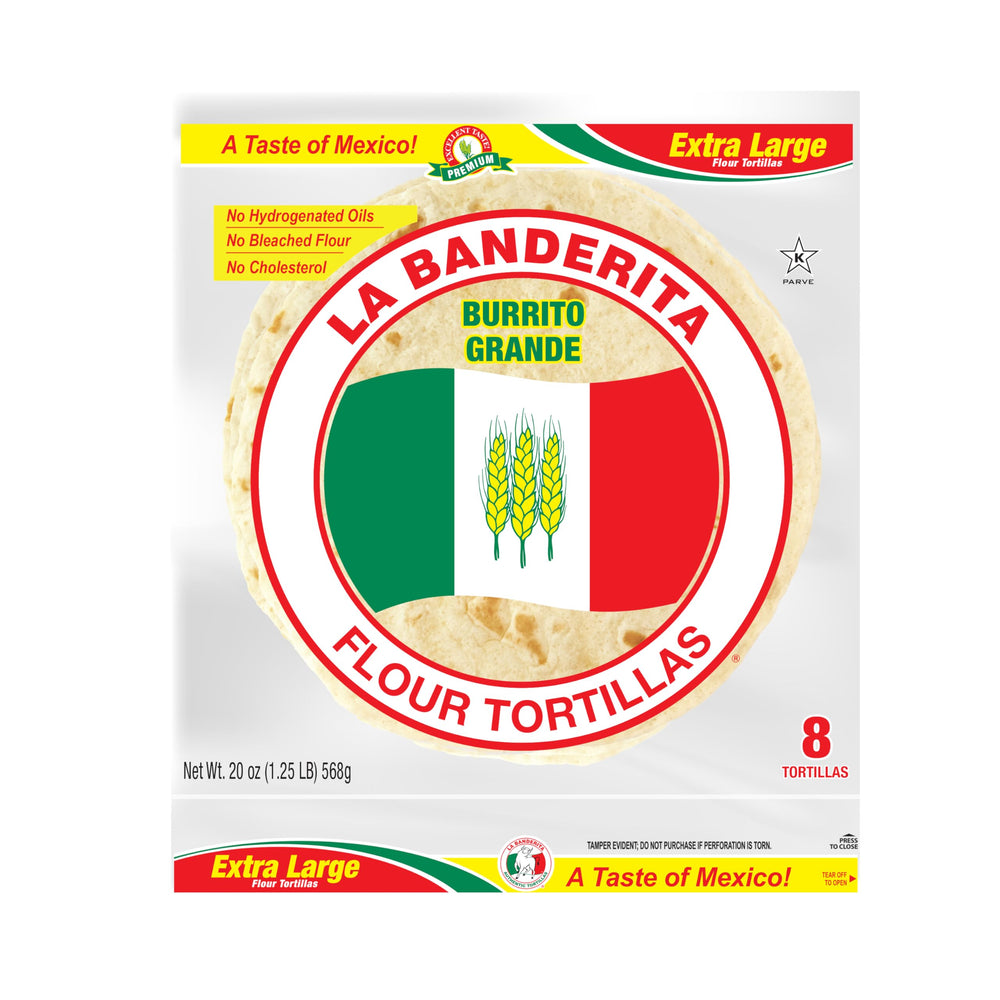 LA BANDERITA front packaging showing 10 inch burrito tortillas and clear branding benefit convenience