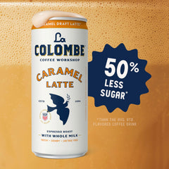 La Colombe poured into glass over ice, cold-brew caramel latte refreshment benefit