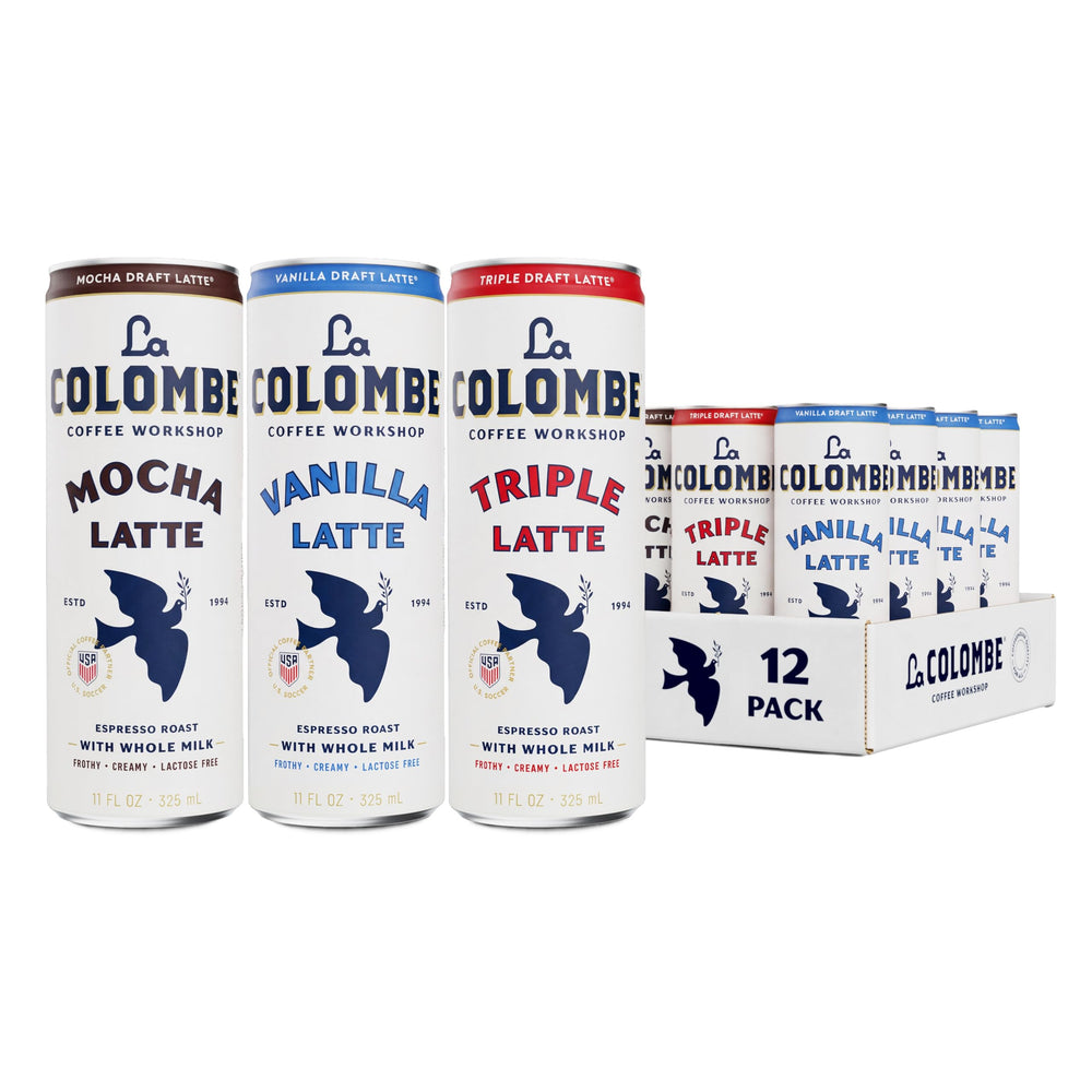 La Colombe front packaging showing 12-can variety pack and convenience