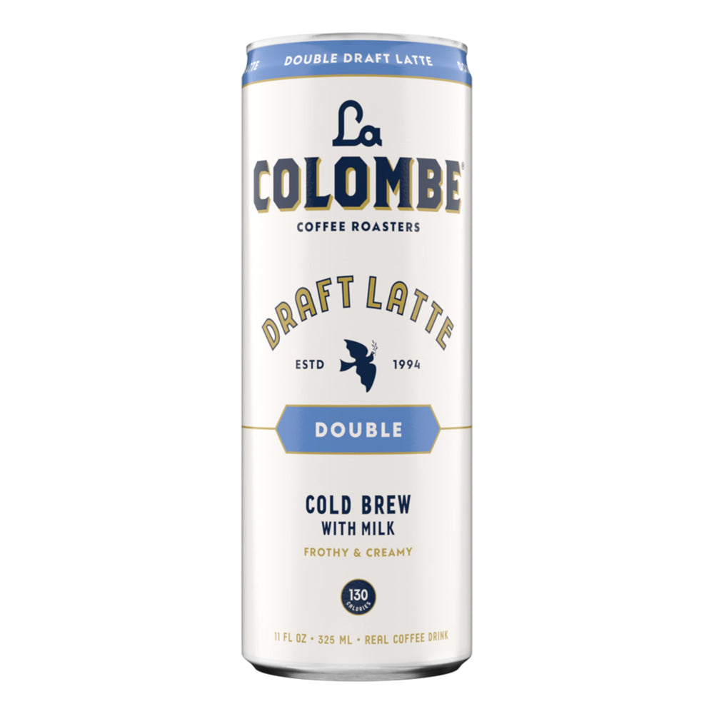 La Colombe front packaging four-pack showing cans and branding benefit: easy grab-and-go