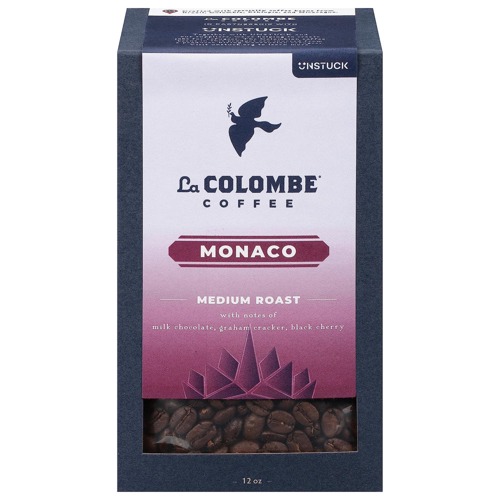 La Colombe Monaco front packaging showing 12-ounce whole bean bag and branding benefit