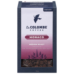 La Colombe Monaco front packaging showing 12-ounce whole bean bag and branding benefit