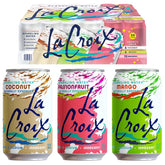 LaCroix front packaging of tropical variety pack showing colorful cans and convenience