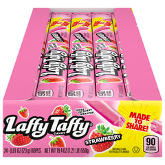 Laffy Taffy front packaging showing pack of 24 strawberry ropes and branding benefits