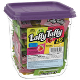 Laffy Taffy tub front view showing assorted mini bars and label benefits