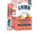Laird Superfood front packaging showing ten tropical punch stick packs and benefits