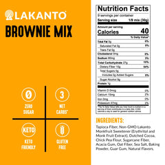 Mixing bowl with Lakanto brownie batter being stirred, brand shown and quick-prep benefit
