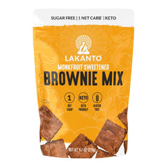 Lakanto front packaging of sugar free brownie mix showing brand and size, convenient and keto-friendly