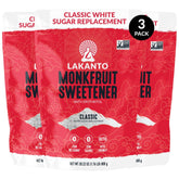 Lakanto front packaging showing brand and three-bag supply, ideal for stocking pantry