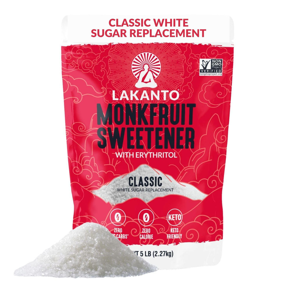 Lakanto front package showing Classic White 5 lb bag and easy storage benefit