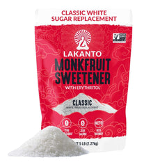 Lakanto front package showing Classic White 5 lb bag and easy storage benefit