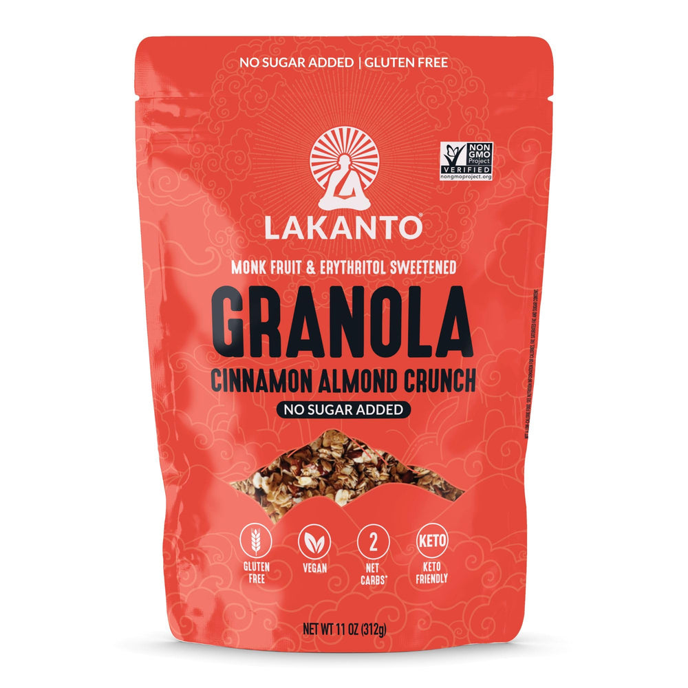 Lakanto front packaging showing cinnamon almond crunch and benefits