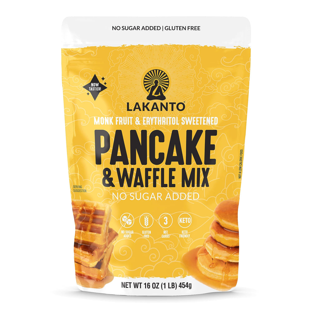 Lakanto front packaging showing pancake mix and branding benefits