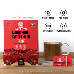 Lakanto golden open sachet pouring onto spoon for convenient portioning