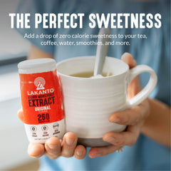 Lakanto drops falling into a cup of tea, illustrating instant sweetness