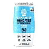 Lakanto front bottle image showing vanilla monk fruit drops and clear labeling benefit of zero sugar