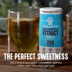 Lakanto bottle label close-up showing vanilla flavor and clean formula