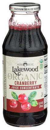 Lakewood bottle front showing organic cranberry concentrate, easy identification